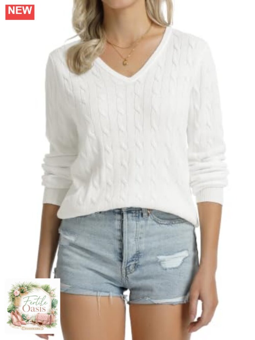 100% Cotton Cable Knit Sweater V-Neck Long Sleeve Pullover Women Lightweight